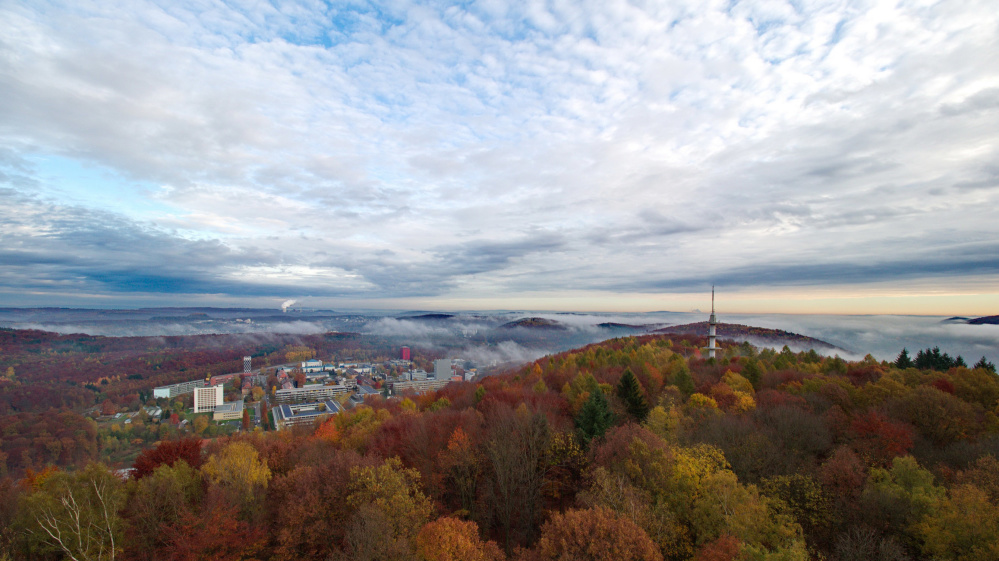 Blick vom Schwarzenbergturm auf Universität und Fernmeldeturm (Autor: Ralf Blechschmidt, Quelle: Landeshauptstadt Saarbrücken) Blick vom Schwarzenbergturm auf Universität und Fernmeldeturm (Autor: Ralf Blechschmidt, Quelle: Landeshauptstadt Saarbrücken)